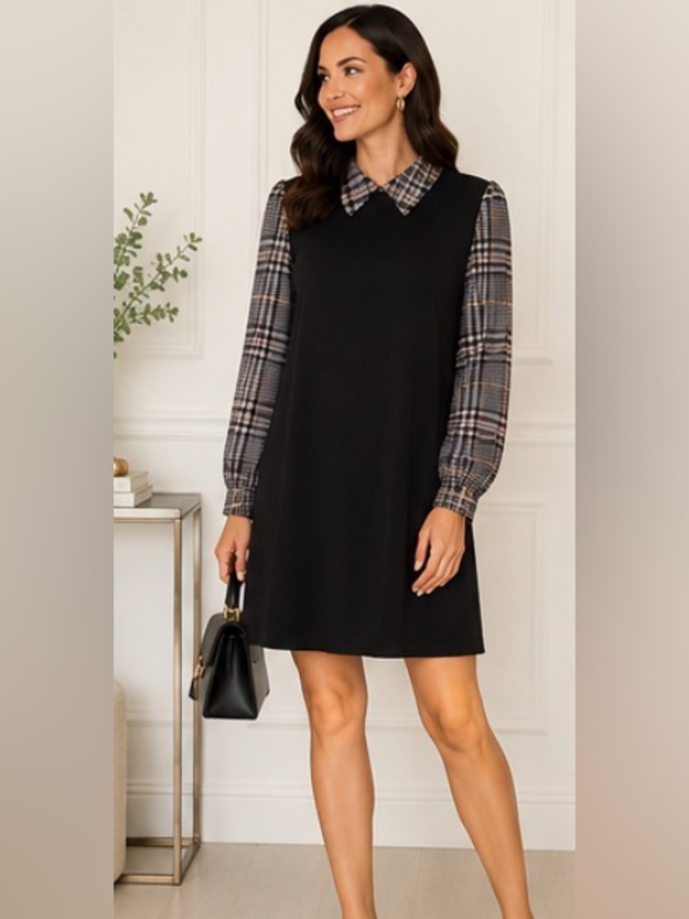 Shelby & Palmer Black Tunic with Plaid Sleeves and Collar